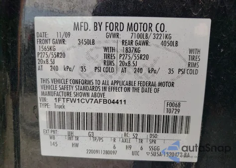 2010 Ford F150 Supercrew из США, поврежденный, VIN 1FTFW1CV7AFB04411